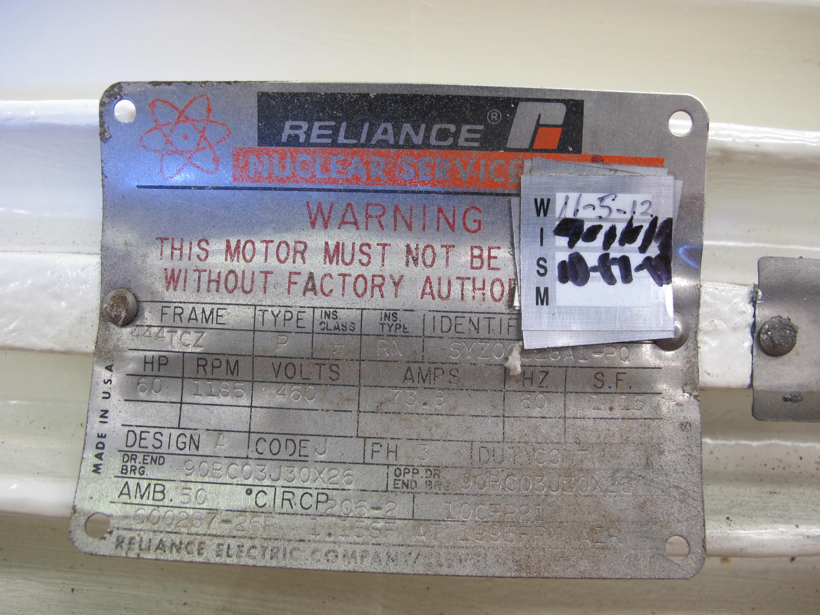 MOTOR, ELECTRIC TYPE, 60 HORSEPOWER, 460V 60HZ ELEC RATING, 1185 RPM, 444TCZ FRAME, 73.8 AMPS, ENCLOSED ENCLOSURE, CONTINUOUS DUTY, 1.15 5F@1195 FPM AIR SERVICE FACTOR. INSULATION TYPE RNCLASS II 264W, 120V HEATER, PART # 600287-26R (W-44) LOADING & HANDLING FEE $15-
